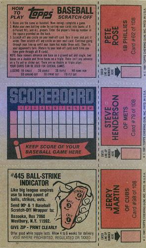1981 Topps Scratch-Offs - Panels #62 / 79 / 98 Pete Rose / Steve Henderson / Jerry Martin Back