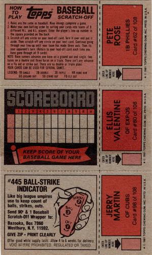 1981 Topps Scratch-Offs - Panels #62 / 80 / 98 Pete Rose / Ellis Valentine / Jerry Martin Back