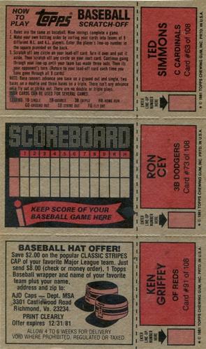1981 Topps Scratch-Offs - Panels #63 / 73 / 91 Ted Simmons / Ron Cey / Ken Griffey Back