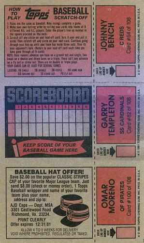 1981 Topps Scratch-Offs - Panels #64 / 82 / 100 Johnny Bench / Garry Templeton / Omar Moreno Back