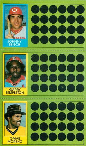 1981 Topps Scratch-Offs - Panels #64 / 82 / 100 Johnny Bench / Garry Templeton / Omar Moreno Front