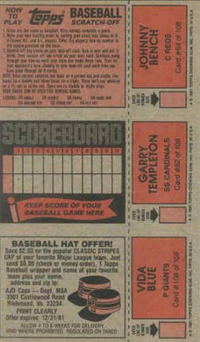 1981 Topps Scratch-Offs - Panels #64 / 82 / 108 Johnny Bench / Garry Templeton / Vida Blue Back