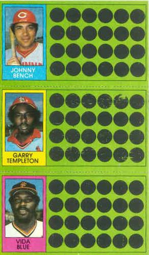 1981 Topps Scratch-Offs - Panels #64 / 82 / 108 Johnny Bench / Garry Templeton / Vida Blue Front