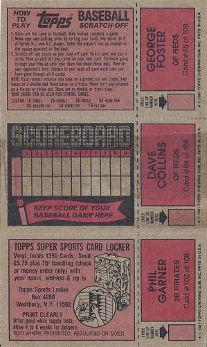 1981 Topps Scratch-Offs - Panels #65 / 84 / 102 George Foster / Dave Collins / Phil Garner Back