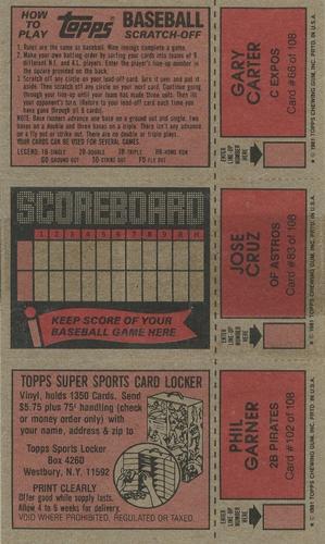 1981 Topps Scratch-Offs - Panels #66 / 83 / 102 Gary Carter / Jose Cruz / Phil Garner Back