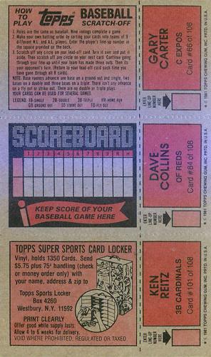 1981 Topps Scratch-Offs - Panels #66 / 84 / 101 Gary Carter / Dave Collins / Ken Reitz Back