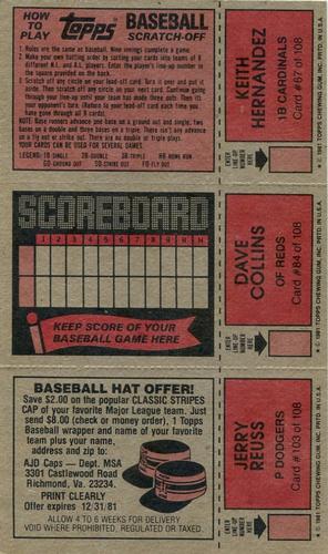 1981 Topps Scratch-Offs - Panels #67 / 84 / 103 Keith Hernandez / Dave Collins / Jerry Reuss Back