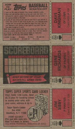 1981 Topps Scratch-Offs - Panels #69 / 86 / 105 Dave Kingman / Gene Richards / Jim Bibby Back