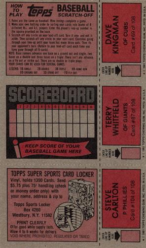 1981 Topps Scratch-Offs - Panels #69 / 87 / 104 Dave Kingman / Terry Whitfield / Steve Carlton Back