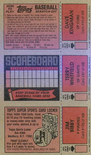 1981 Topps Scratch-Offs - Panels #69 / 87 / 105 Dave Kingman / Terry Whitfield / Jim Bibby Back