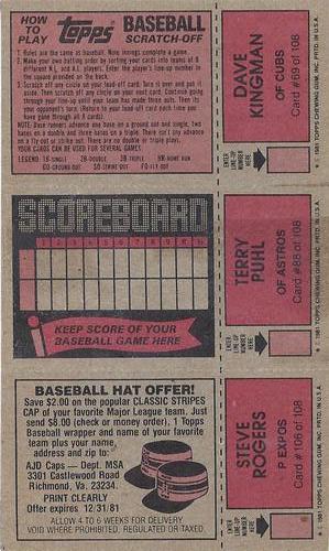 1981 Topps Scratch-Offs - Panels #69 / 88 / 106 Dave Kingman / Terry Puhl / Steve Rogers Back