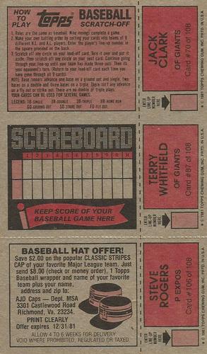 1981 Topps Scratch-Offs - Panels #70 / 87 / 106 Jack Clark / Terry Whitfield / Steve Rogers Back