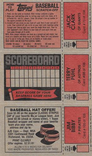 1981 Topps Scratch-Offs - Panels #70 / 88 / 105 Jack Clark / Terry Puhl / Jim Bibby Back