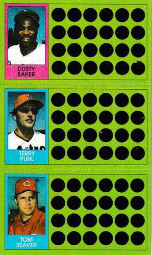 1981 Topps Scratch-Offs - Panels #71 / 88 / 107 Dusty Baker / Terry Puhl / Tom Seaver Front