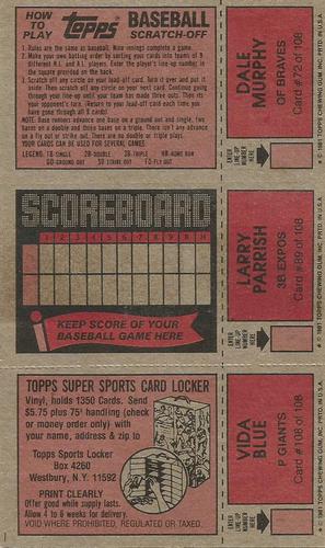 1981 Topps Scratch-Offs - Panels #72 / 89 / 108 Dale Murphy / Larry Parrish / Vida Blue Back