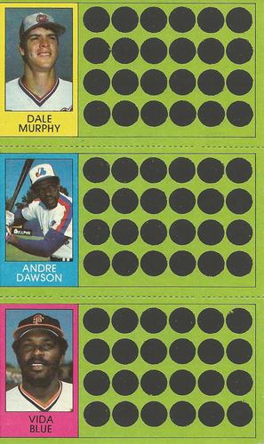 1981 Topps Scratch-Offs - Panels #72 / 90 / 108 Dale Murphy / Andre Dawson / Vida Blue Front