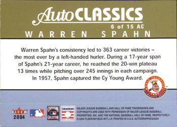 2004 SkyBox Autographics - Autoclassics #6AC Warren Spahn Back