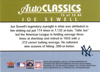 2004 SkyBox Autographics - Autoclassics #15AC Joe Sewell Back