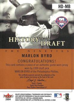 2004 SkyBox LE - History Draft 90's Jersey #HD-MB Marlon Byrd Back