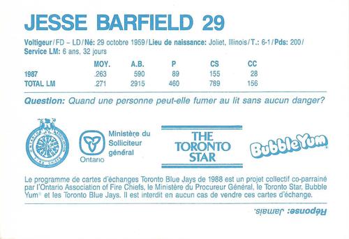 1988 Toronto Blue Jays Fire Safety French #NNO Jesse Barfield Back
