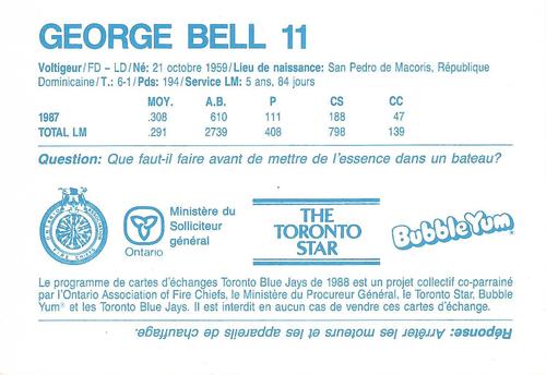 1988 Toronto Blue Jays Fire Safety French #NNO George Bell Back