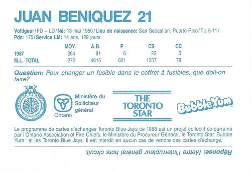 1988 Toronto Blue Jays Fire Safety French #NNO Juan Beniquez Back