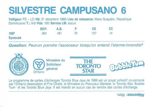 1988 Toronto Blue Jays Fire Safety French #NNO Sil Campusano Back
