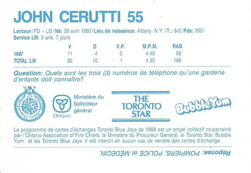 1988 Toronto Blue Jays Fire Safety French #NNO John Cerutti Back