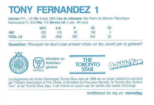 1988 Toronto Blue Jays Fire Safety French #NNO Tony Fernandez Back