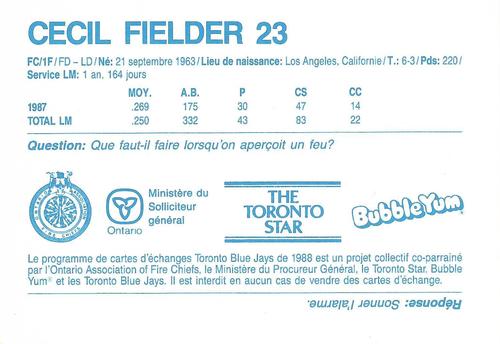 1988 Toronto Blue Jays Fire Safety French #NNO Cecil Fielder Back