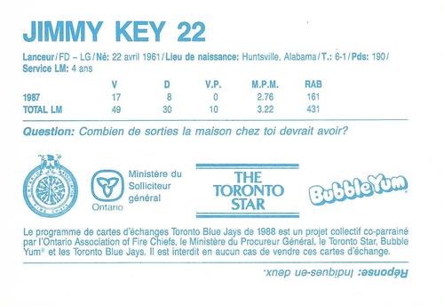 1988 Toronto Blue Jays Fire Safety French #NNO Jimmy Key Back
