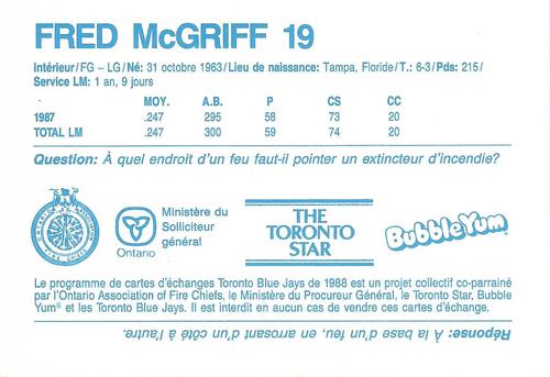 1988 Toronto Blue Jays Fire Safety French #NNO Fred McGriff Back