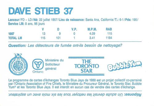 1988 Toronto Blue Jays Fire Safety French #NNO Dave Stieb Back