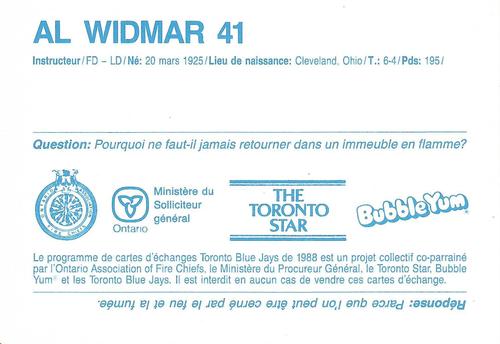 1988 Toronto Blue Jays Fire Safety French #NNO Al Widmar Back