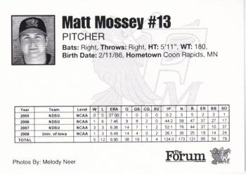2009 Fargo-Moorhead RedHawks #NNO Matt Mossey Back
