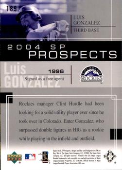 2004 SP Prospects #189 Luis Gonzalez Back