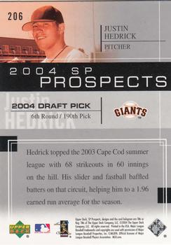 2004 SP Prospects #206 Justin Hedrick Back