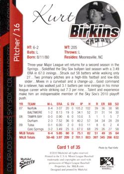2010 MultiAd Colorado Springs Sky Sox #1 Kurt Birkins Back