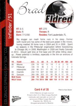 2010 MultiAd Colorado Springs Sky Sox #4 Brad Eldred Back