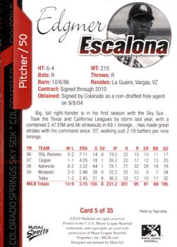 2010 MultiAd Colorado Springs Sky Sox #5 Edgmer Escalona Back