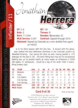 2010 MultiAd Colorado Springs Sky Sox #9 Jonathan Herrera Back