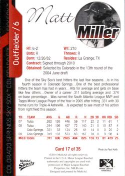 2010 MultiAd Colorado Springs Sky Sox #17 Matt Miller Back