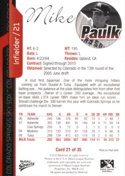 2010 MultiAd Colorado Springs Sky Sox #21 Mike Paulk Back