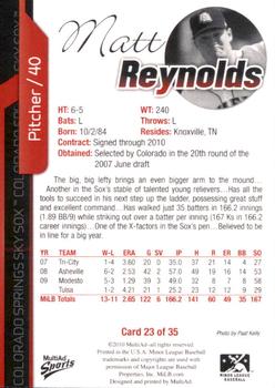2010 MultiAd Colorado Springs Sky Sox #23 Matt Reynolds Back