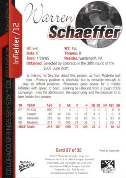 2010 MultiAd Colorado Springs Sky Sox #27 Warren Schaeffer Back