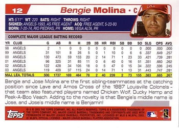 2004 Topps #12 Bengie Molina Back