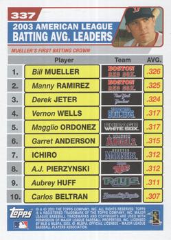 2004 Topps #337 2003 American League Batting Avg. Leaders (Bill Mueller / Manny Ramirez / Derek Jeter) Back