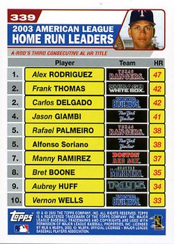 2004 Topps #339 2003 American League Home Run Leaders (Alex Rodriguez / Frank Thomas / Carlos Delgado) Back