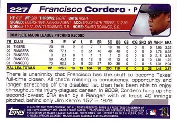 2004 Topps #227 Francisco Cordero Back
