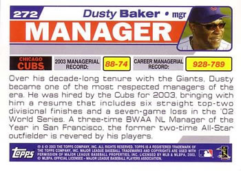 2004 Topps #272 Dusty Baker Back